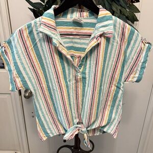 Late August Vertical Mixed Stripe Linen Tie Front Top SS M